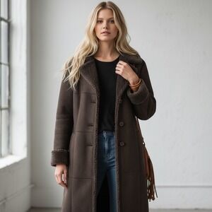 Big Chill VTG Y2K Long Maxi Faux Suede Brown Coat‎ Faux Fur Womens Size L